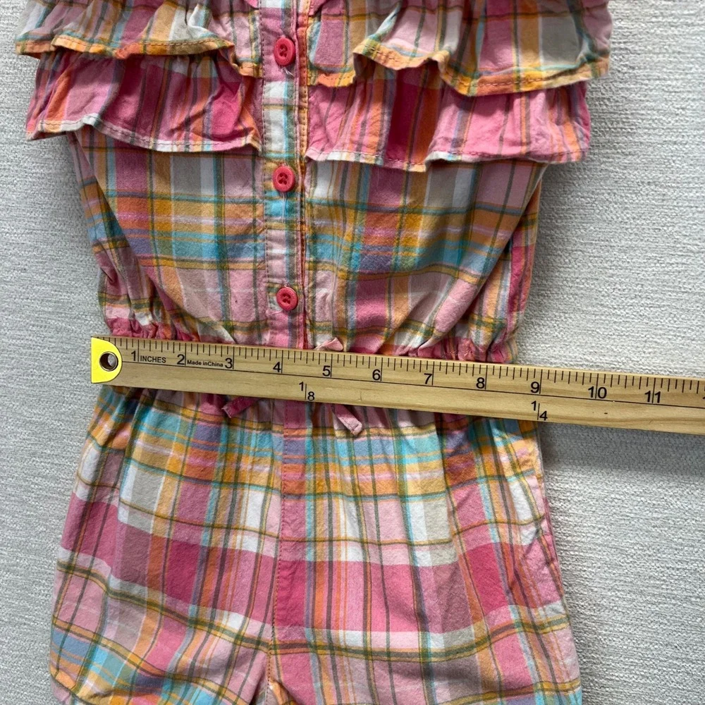 OshKosh B'gosh Girls Plaid Ruffle Romper VTG 90s Pink Elastic Waist Size 5